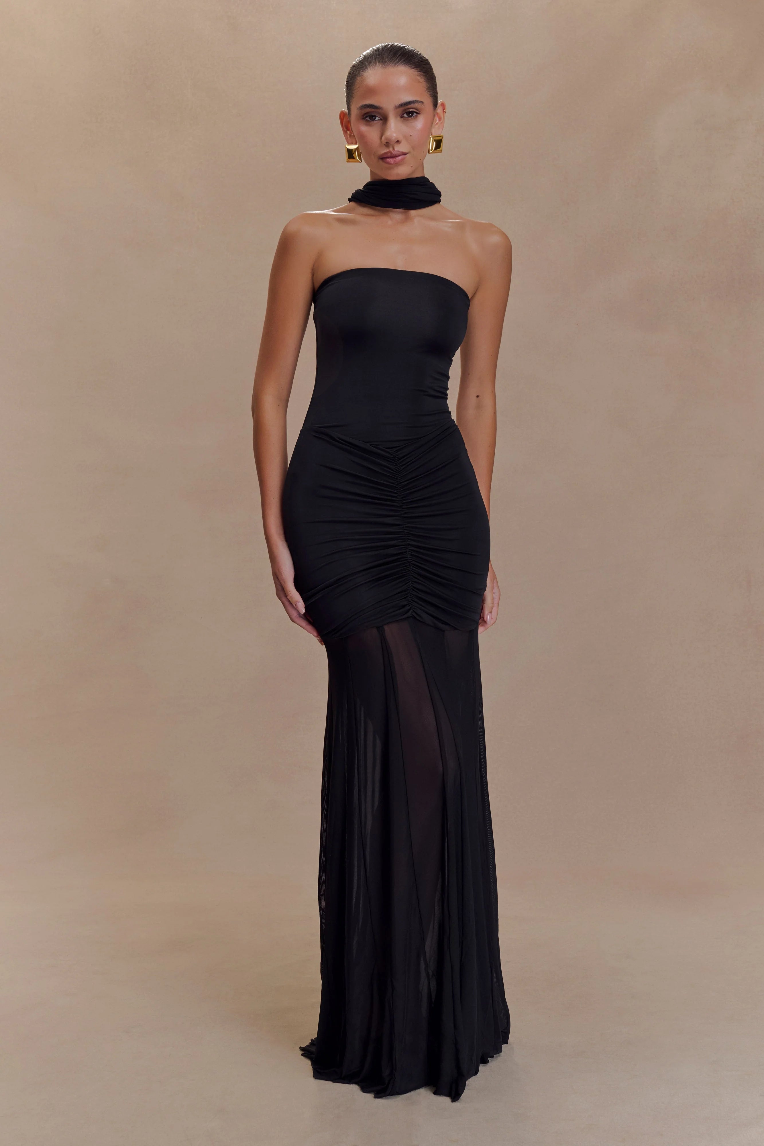 Caspian Slinky And Mesh Off Shoulder Maxi Dress - Black