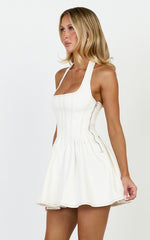 Halter Neck Corset Bodice Dress in Cream Contrast Stitch