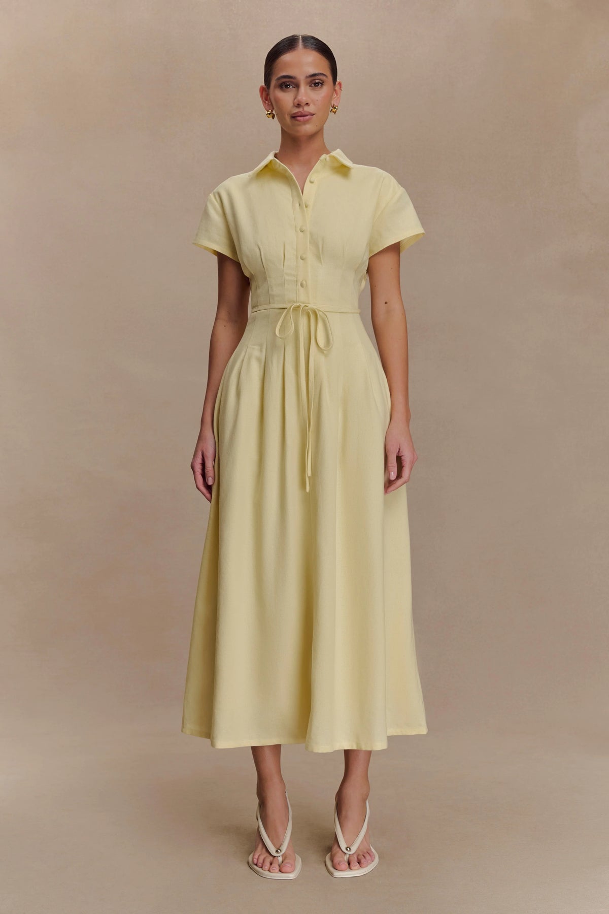 Aysha Buttoned Linen Midi Dress - Lemon